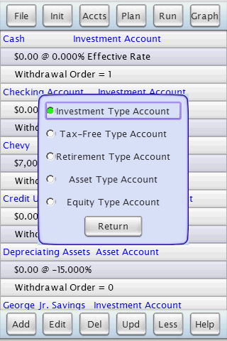 J&L Financial Planner Add/Edit Account Screen - Choose an Account Type